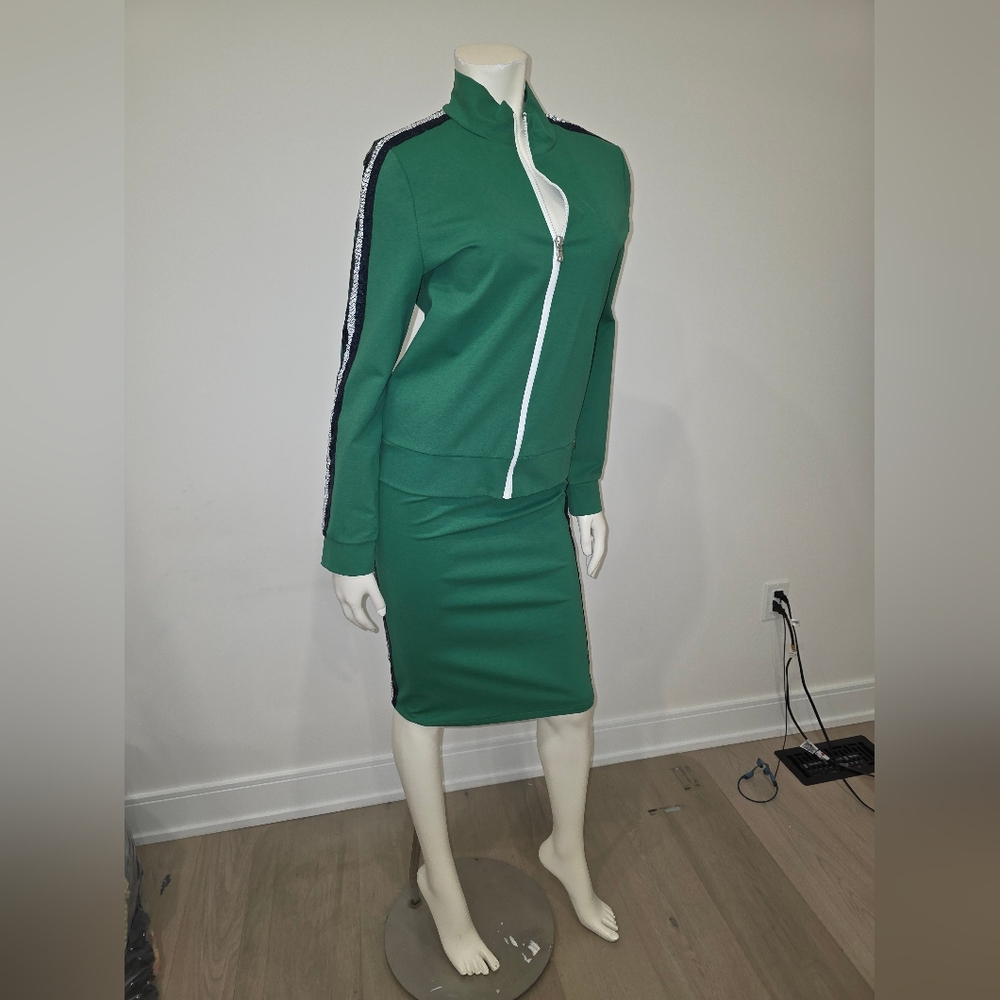 NWT Joleen Matching Set Green Pencil Skirt With Side Stripes M & Zip Up Blazer S